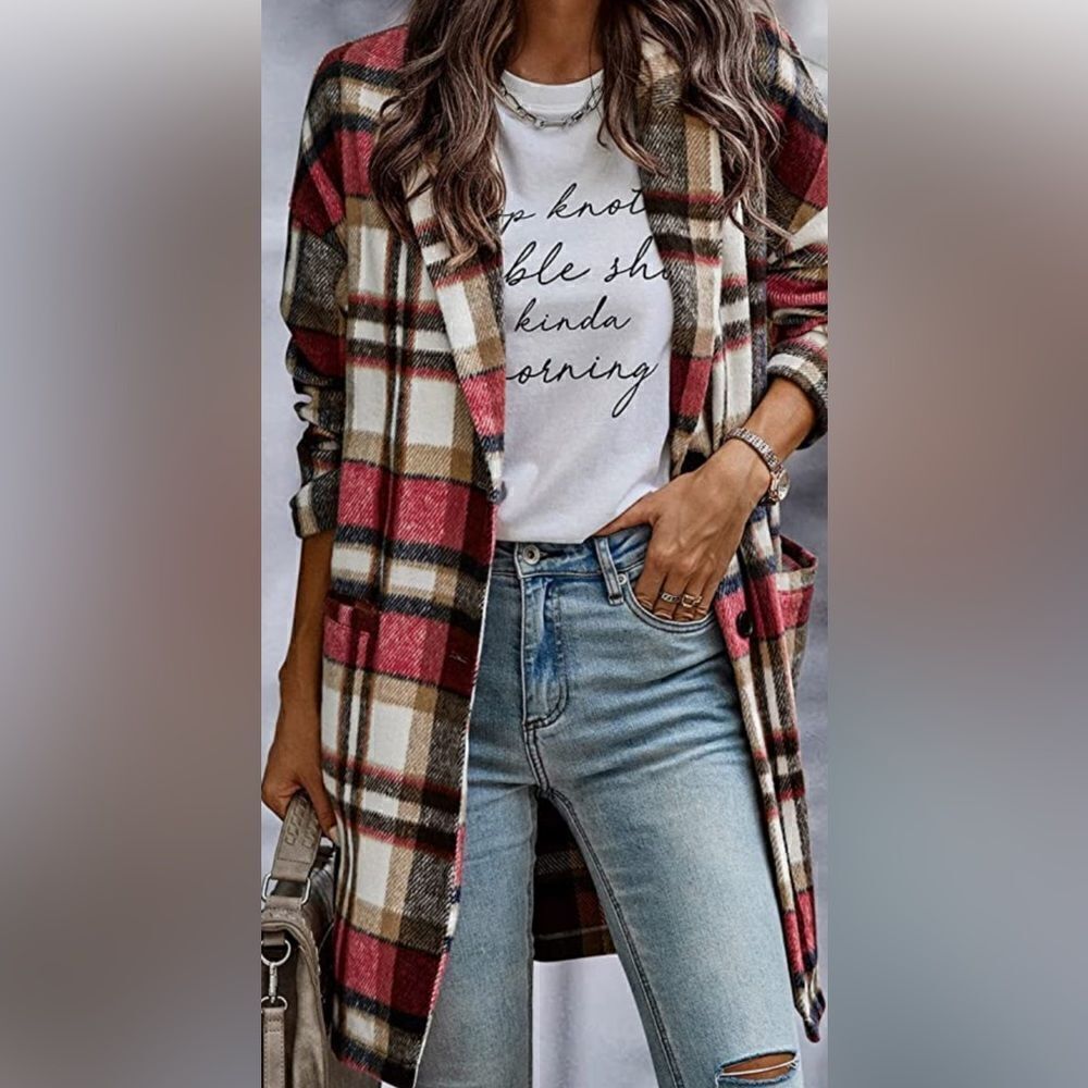 🔥🔥Pretty Garden NWT 2023 casual button wool blend tartan Coat with pockets XL